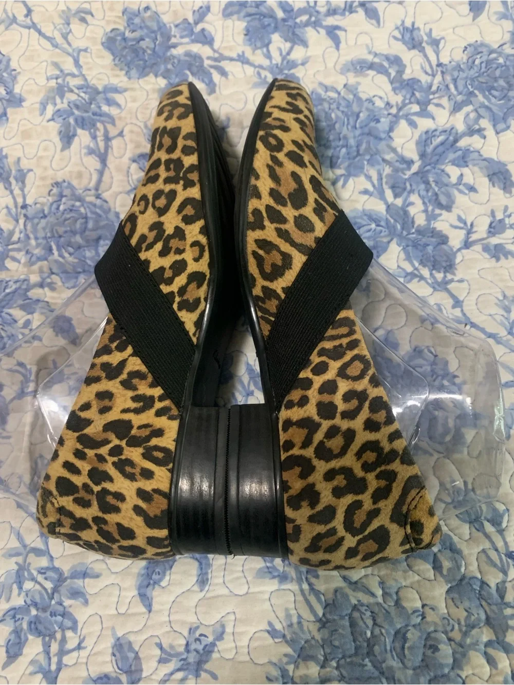 Clarks Leopard Print Slip-On Loafers with Black Elastic Cross Strap